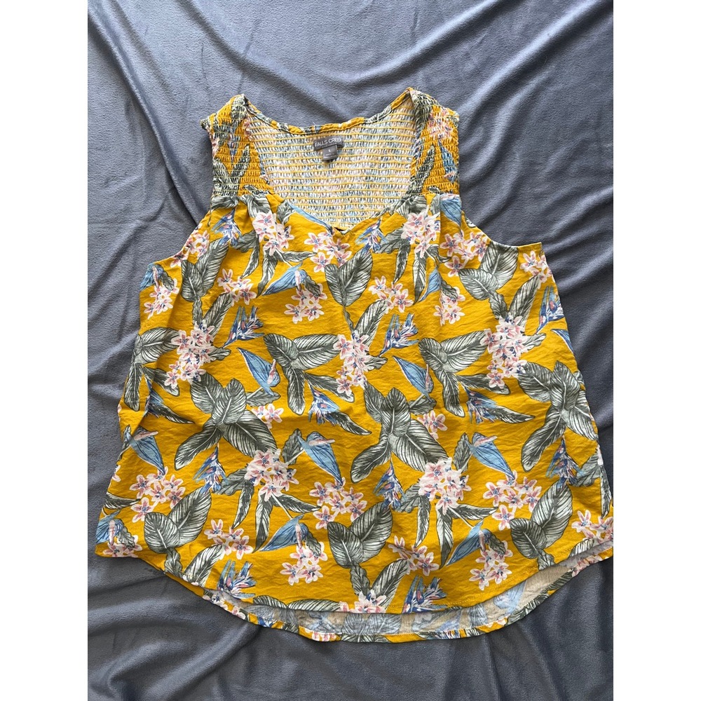 Falls Creek Womens‎ Mustard Yellow Tropical Floral Smocked Tank Top Size L
